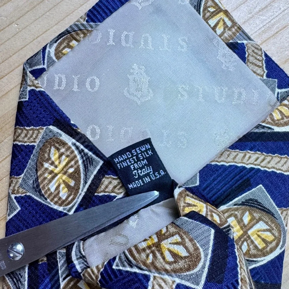 Robert Talbott Studio Nordstrom Extra Long‎ Silk Tie Blue Gold Geometric USA